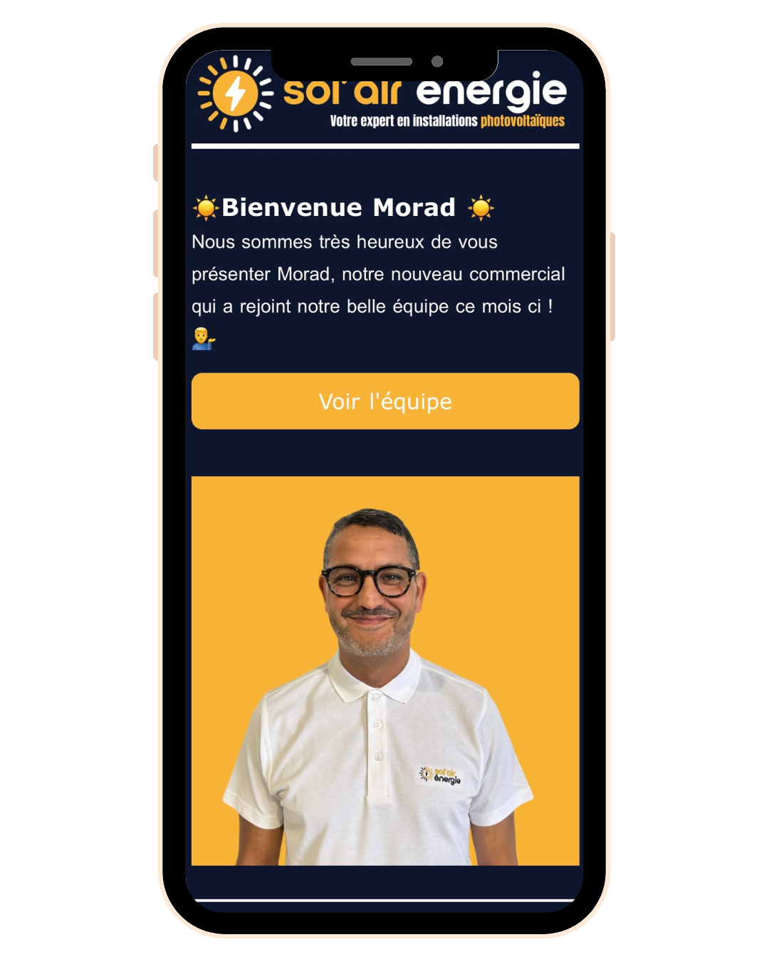 Téléphone qui affiche une extrait de newsletter de Sol'Air Energie