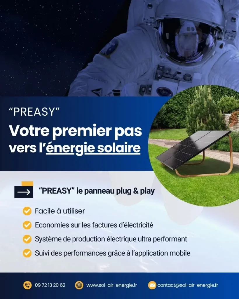 Fiche récapitulative du lot à gagner le panneau preasy : facile à utiliser, économies sur les factures d'électricité, production d'énergie, suivi de performance sur l'application mobile