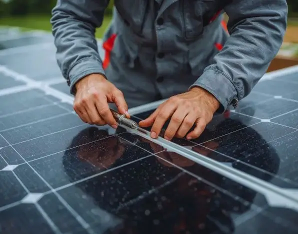 Technicien qui fixe des panneaux photovoltaïques sur une toiture