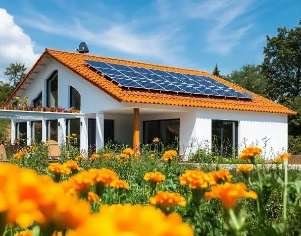 Jolie maison de campagne équipée de panneaux photovoltaïques sous le soleil