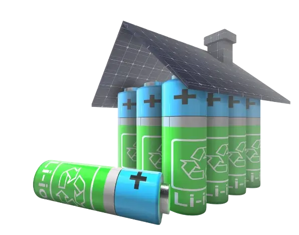 Electricité verte représentée par un tas de piles électriques vertes et recouverte d'un toit photovoltaïque