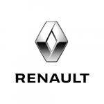 Logo du garage automobile Renault: Losange métallique au dessus du nom de l'entreprise écrit en noir et lettres battons.