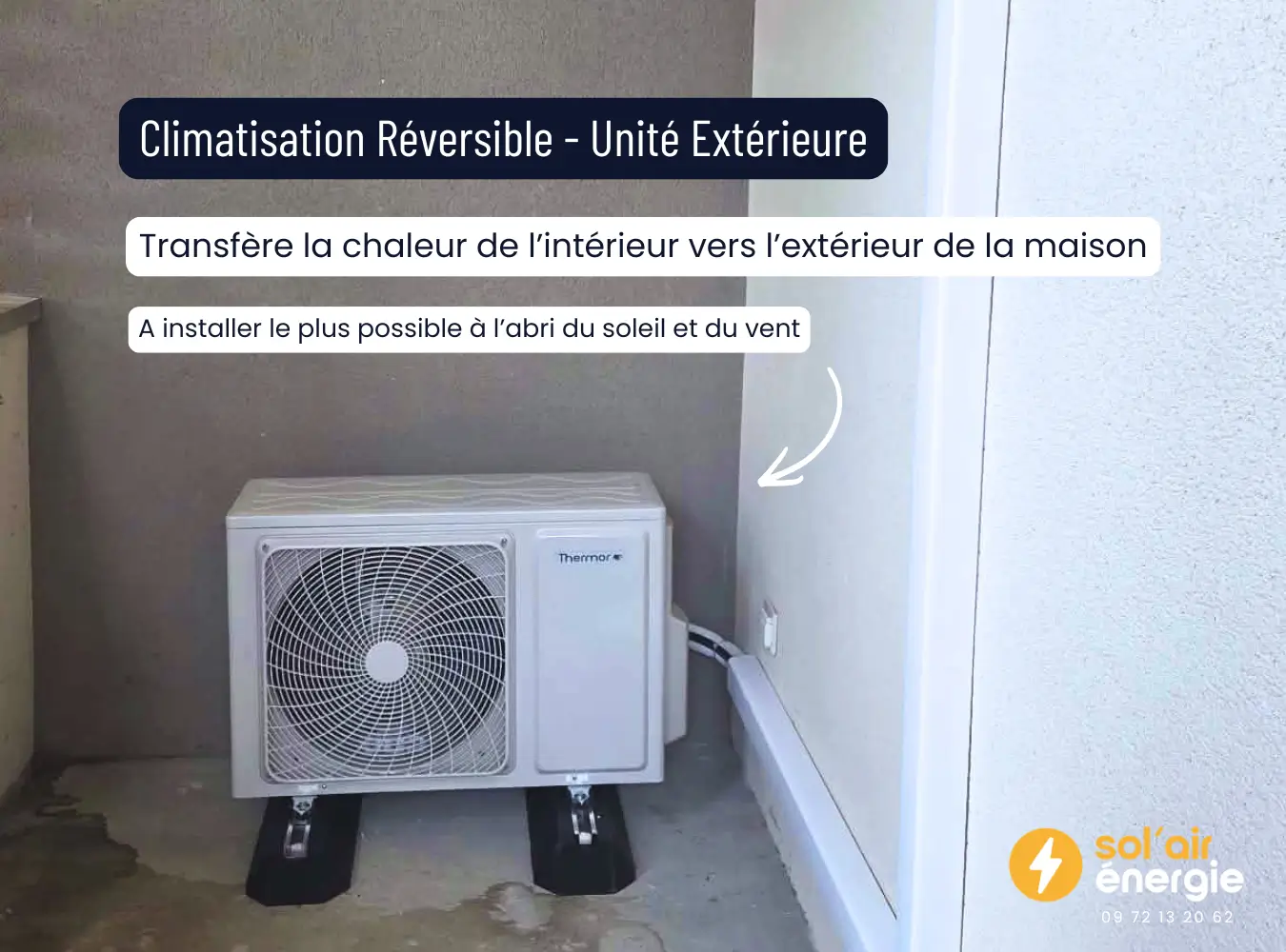 Pose d'une climatisation murale, unité extérieure posée sur la terrasse