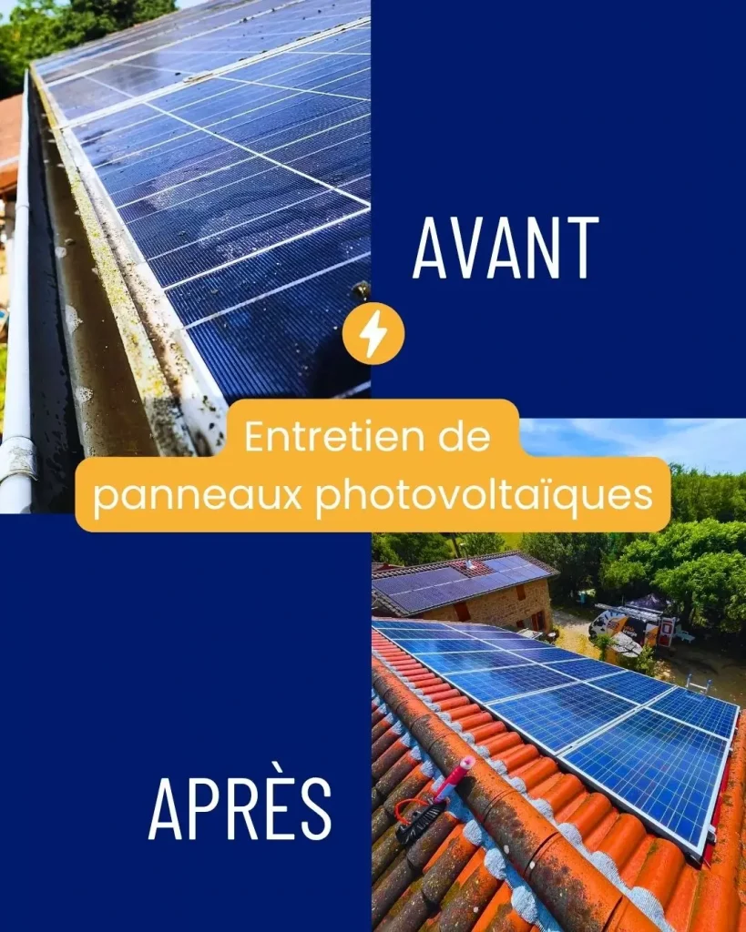 Deux photos de panneaux photovoltaïques avant et après nettoyage complet réalisé par les techniciens qualifiés de Sol'Air Energie