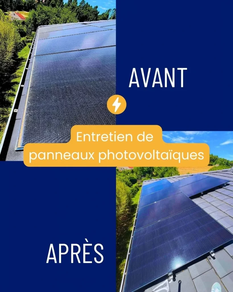 Deux photos de panneaux photovoltaïques avant et après nettoyage complet réalisé par les techniciens qualifiés de Sol'Air Energie