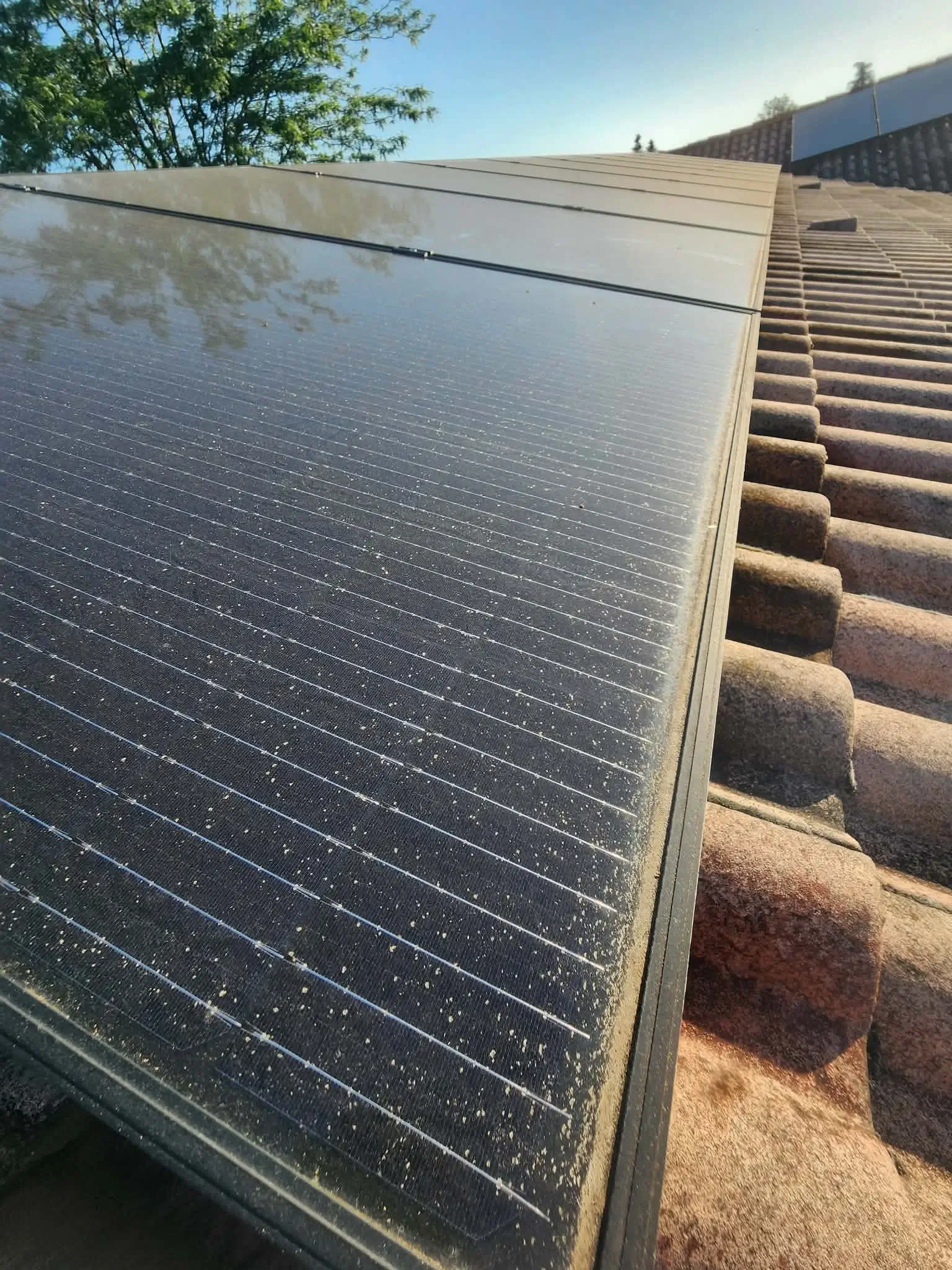 Installation photovoltaïque poussiéreuse, un an après l'installation, avant entretien.