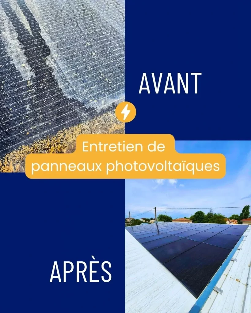 Deux photos de panneaux photovoltaïques avant et après nettoyage complet réalisé par les techniciens qualifiés de Sol'Air Energie