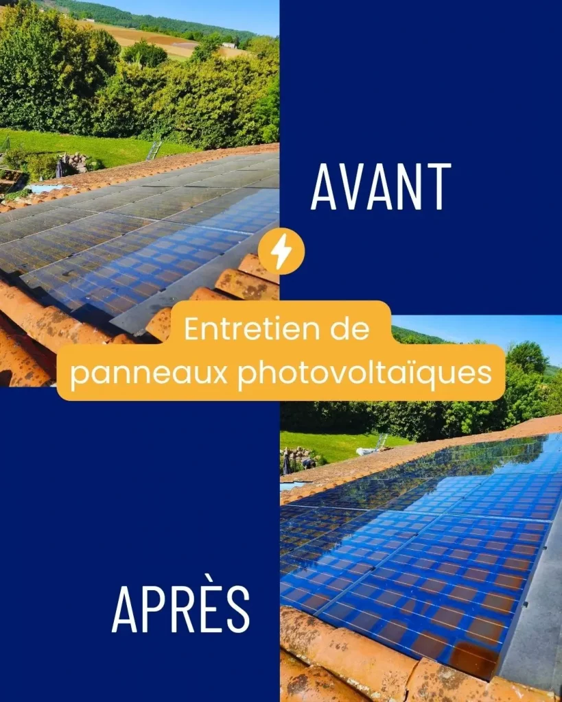 Deux photos de panneaux photovoltaïques avant et après nettoyage complet réalisé par les techniciens qualifiés de Sol'Air Energie
