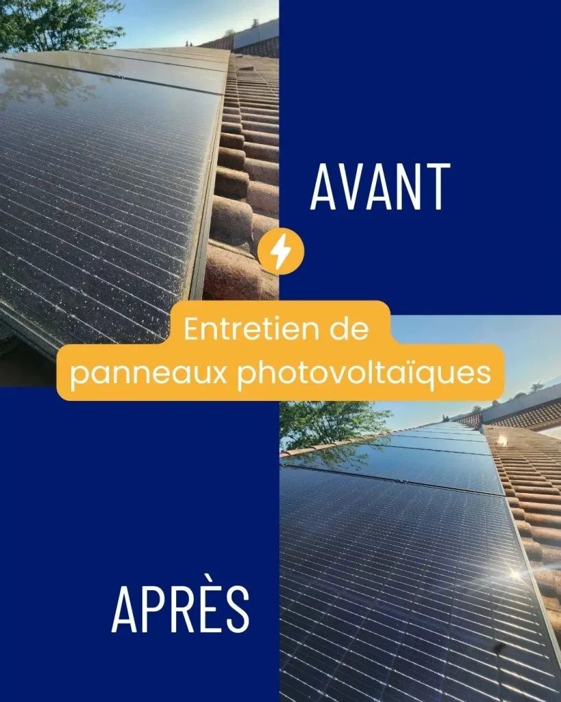 Deux photos de panneaux photovoltaïques avant et après nettoyage complet réalisé par les techniciens qualifiés de Sol'Air Energie